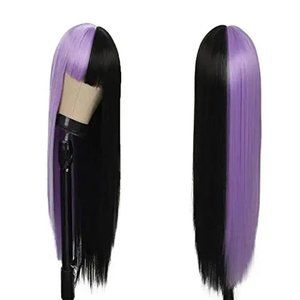 Split Dye Half Purple Half Black Hair Wig With Bangs